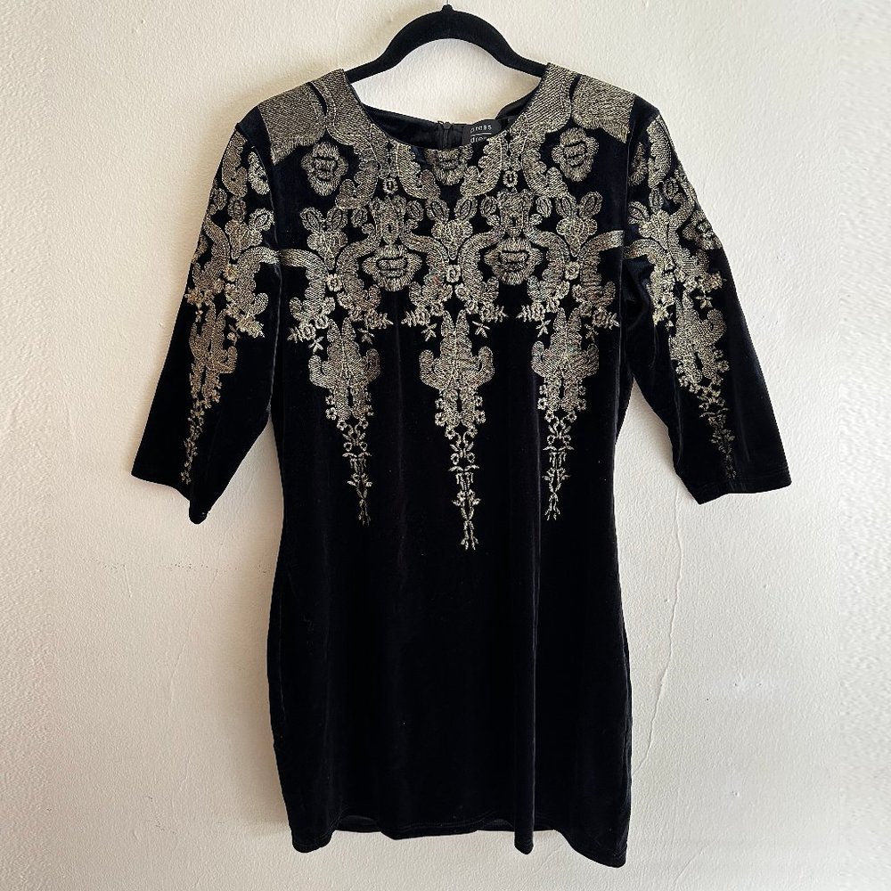 Black velvet mini dress with gold embroidery